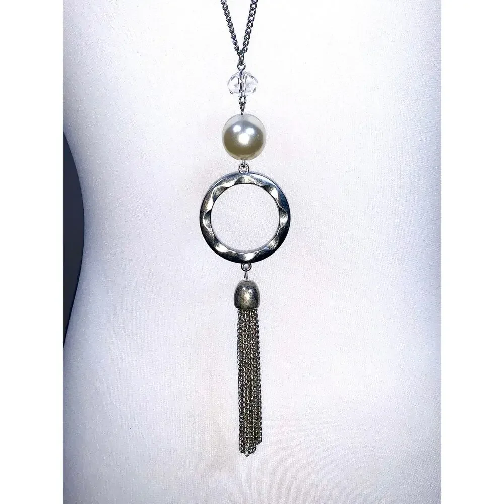 Silver Tone Faux Pearl Glass Bead Textured Hoop Tassel Long Necklace